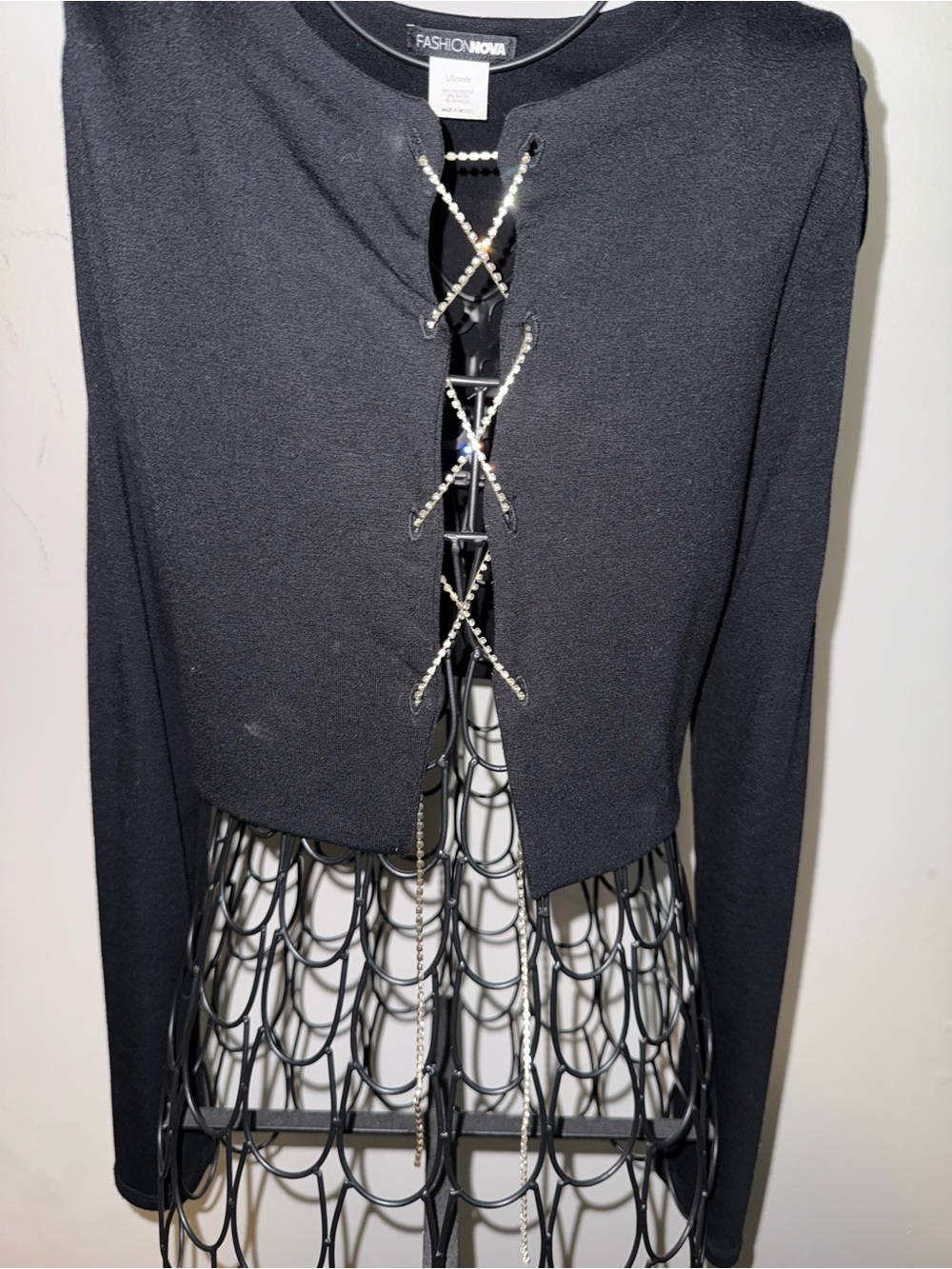 Fashion Nova Black Rhinestone Lace-Up Cropped Cardigan